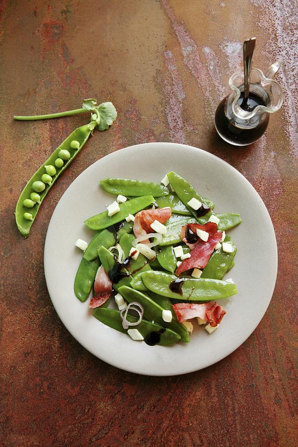 Mangetout Salad With Cubes Of Cheese, Onion, Bacon And Balsamic Vinegar Photograph by Viola Cajo