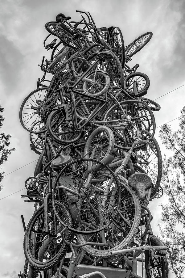 Black And White Photograph - Mangled Bike Sculpture Along Northwest Arkansas Razorback Greenway - Monochrome by Gregory Ballos