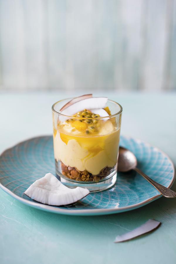 Mango And Coconut Cheesecake With Passion Fruit In A Glass Photograph by Magdalena Hendey