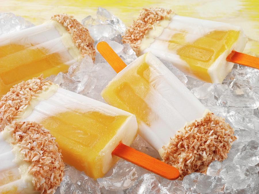 Mango And Coconut Ice Lollies Topped With White Chocolate And ...