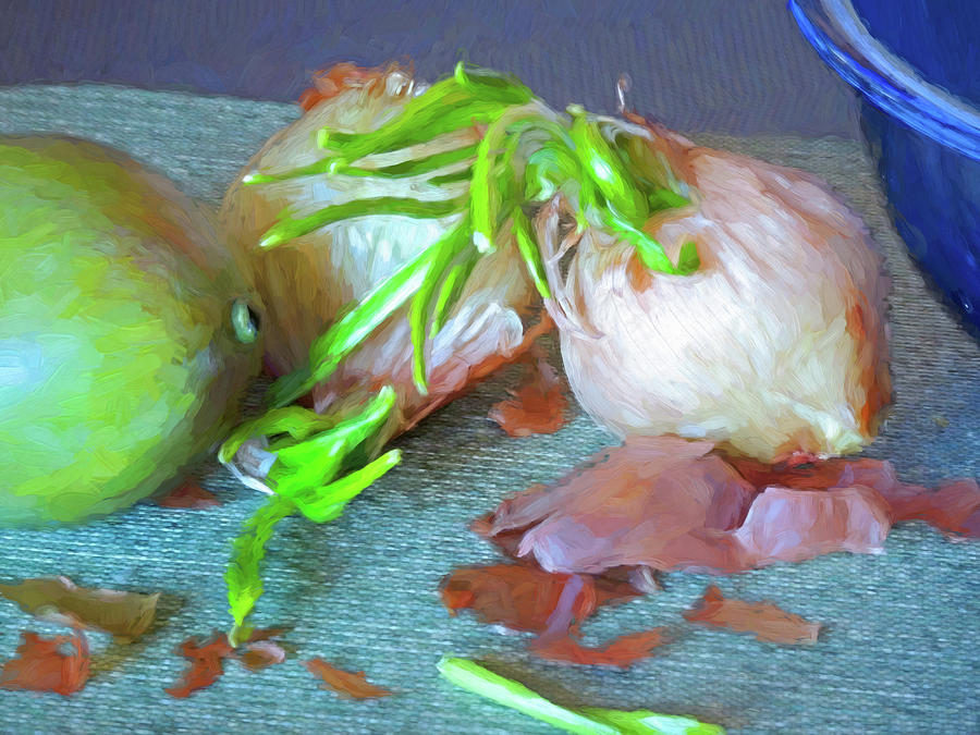 Mango and Two Onions Mixed Media by Lynda Lehmann