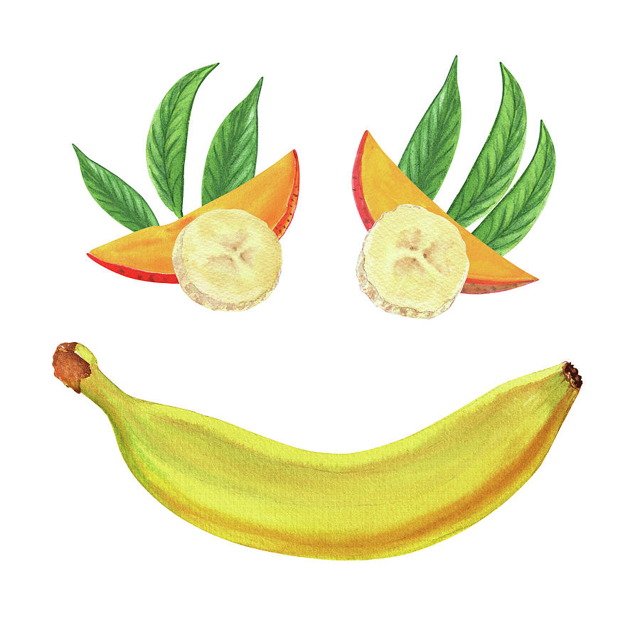 Mango Banana Smile Watercolor Food Illustration Painting