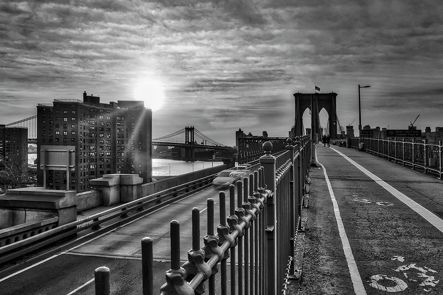 Manhattan and Brooklyn Bridge NYC Sunrise BW Photograph by Susan Candelario