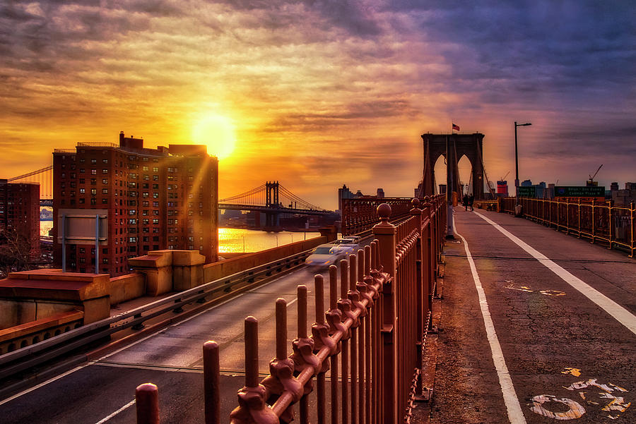 Brooklyn Bridge Photograph - Manhattan  and Brooklyn Bridge NYC Sunrise by Susan Candelario