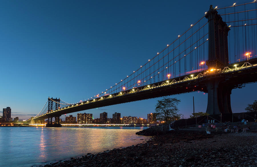 Manhattan Bridge From Riverbank At Night, New York, Usa Digital Art by ...