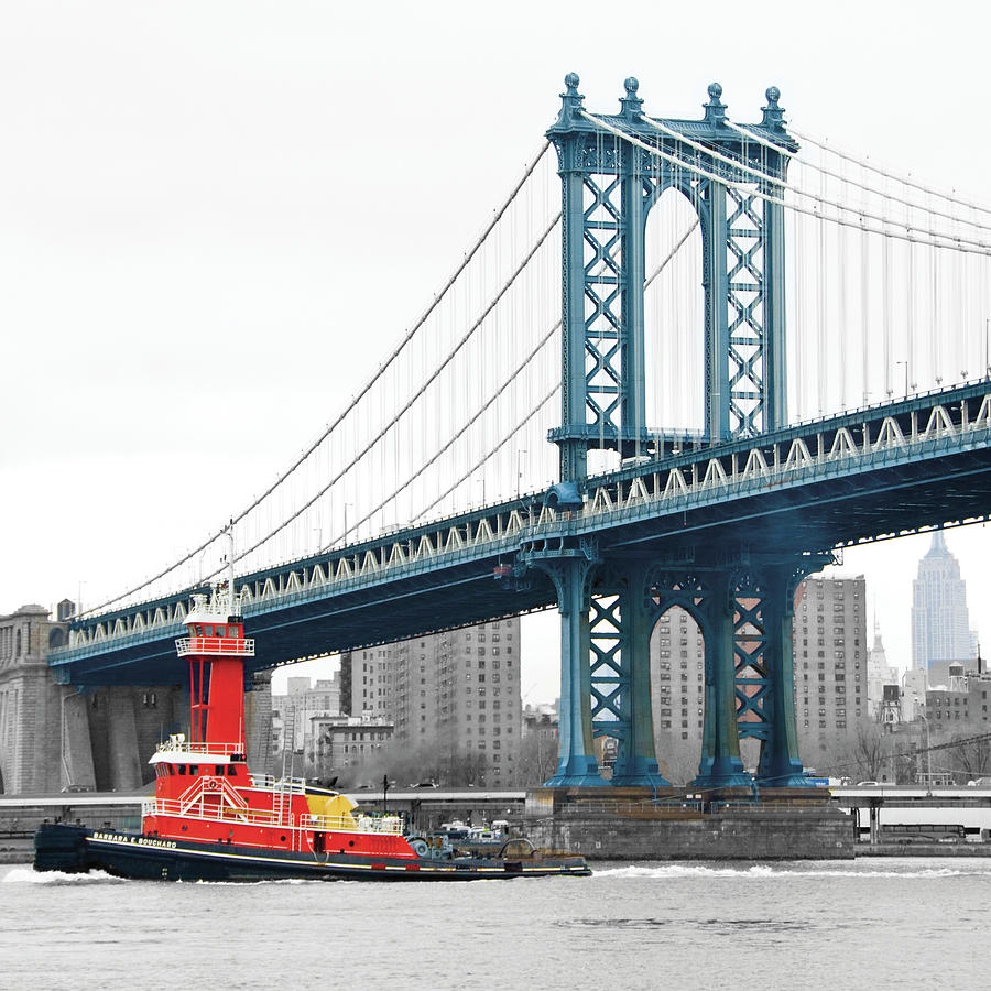 Landscape Mixed Media - Manhattan Bridge With Tug Boat by Erin Clark