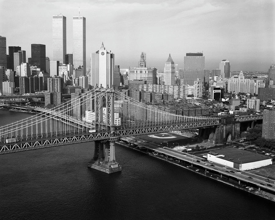 Vintage Digital Art - Manhattan Bridge With Twin Towers Behind by Print Collection