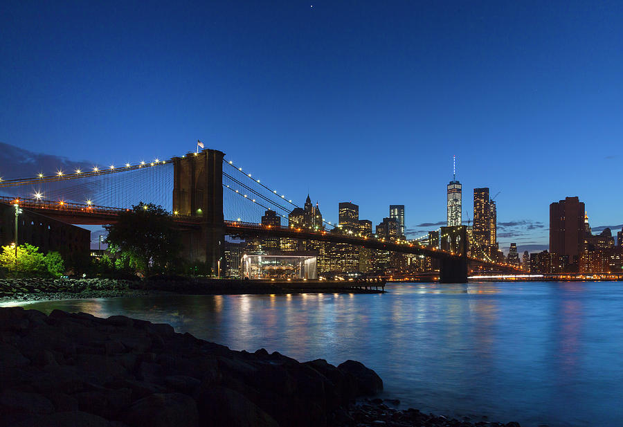 Manhattan Financial District And Brooklyn Bridge At Night, New York ...