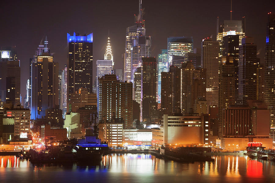 Architecture Digital Art - Manhattan Waterfront At Night, New York City, Usa by Ditto
