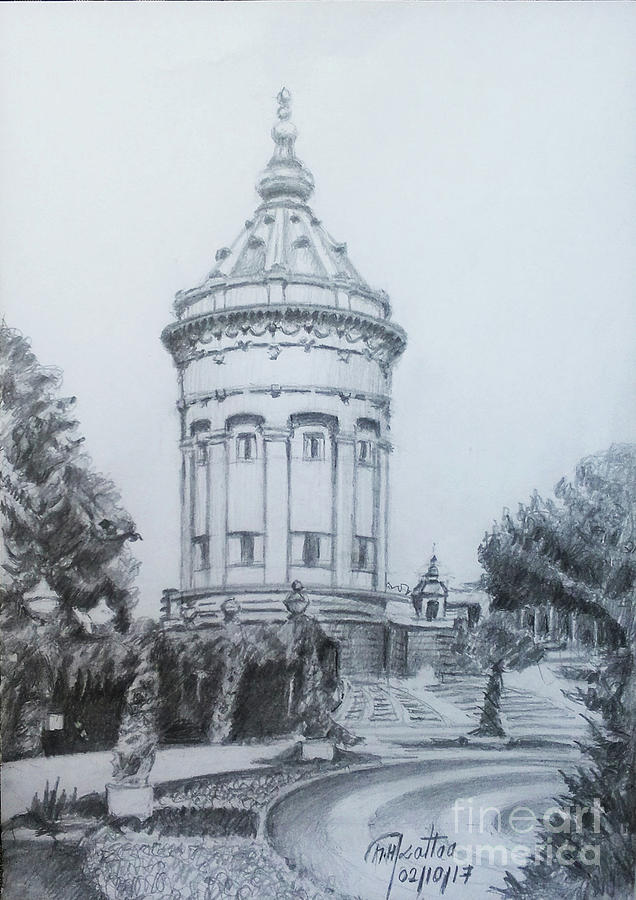 Manheim Water Tower - Mannheim Drawing by Mohammad Hayssam Kattaa