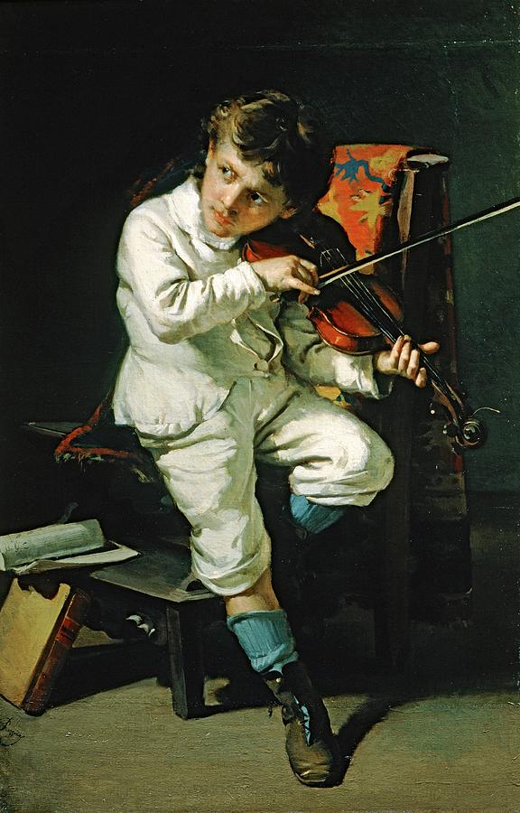Manifestation of genius -boy playing violin-, oil on canvas. Painting by Giovanni Pezzotti -1838-1911-