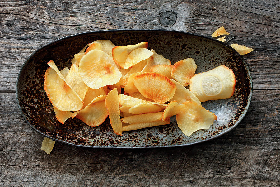 Maniok Chips In A Metal Bowl Photograph by Petr Gross