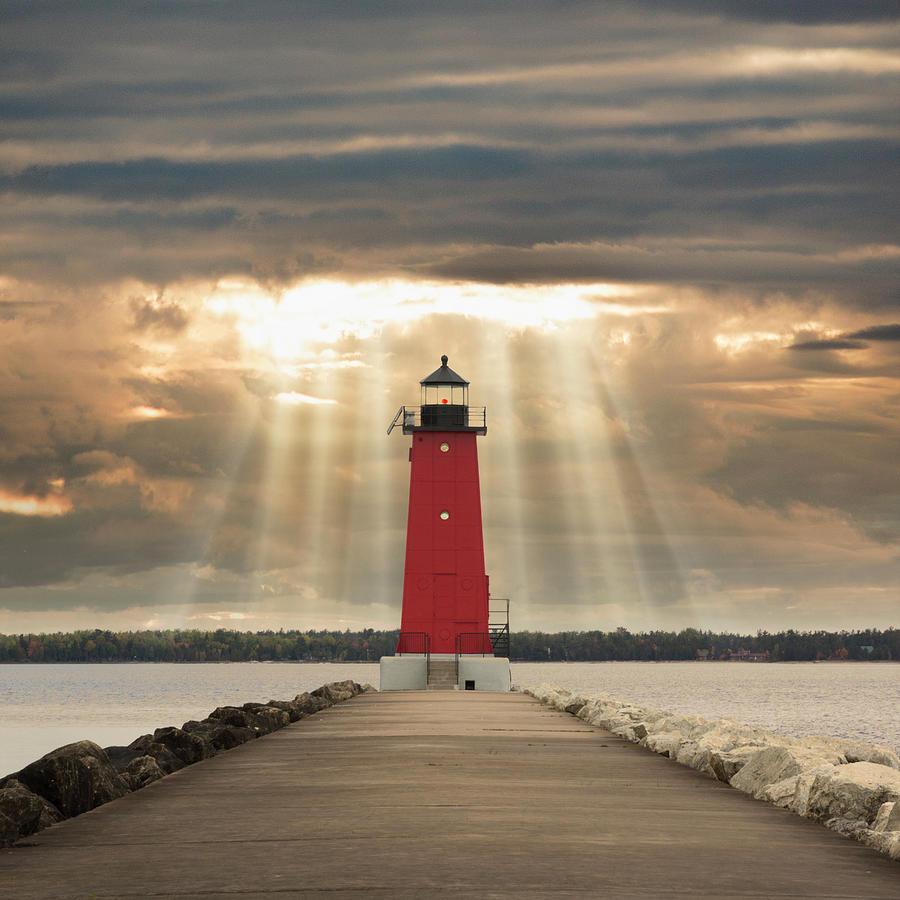 Manistique Lighthouse & Sunbeams, Manistique, Michigan 14 - Color Photograph by Monte Nagler