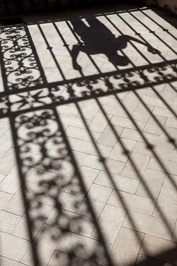 Mans Shadows Near Ornate Iron Fence Photograph by Grant Faint
