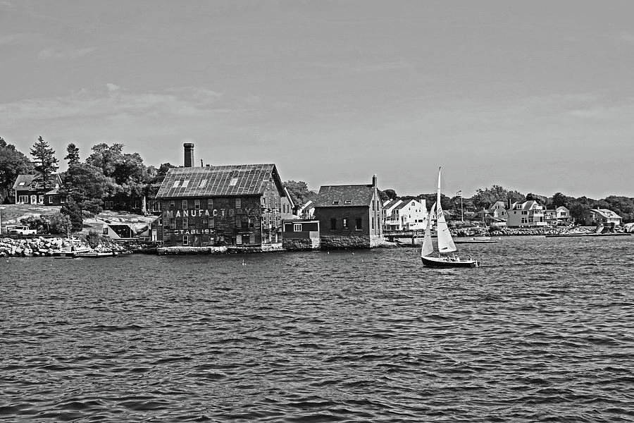 Manufactory Building Rockport MA Gloucester Harbor Sailboat Black and White Photograph by Toby McGuire