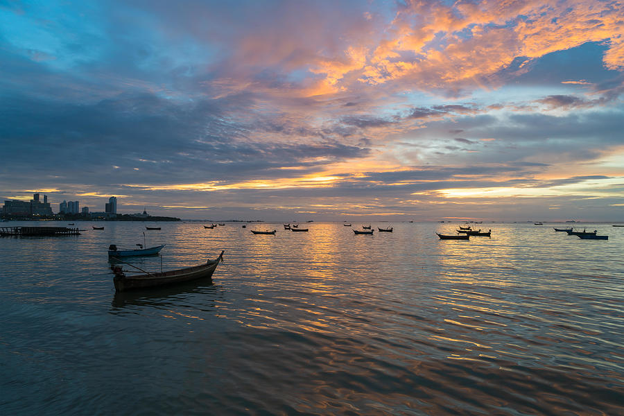 Many Thai Fishing Boat Mooring In Sea Photograph by Prasit Rodphan - Pixels