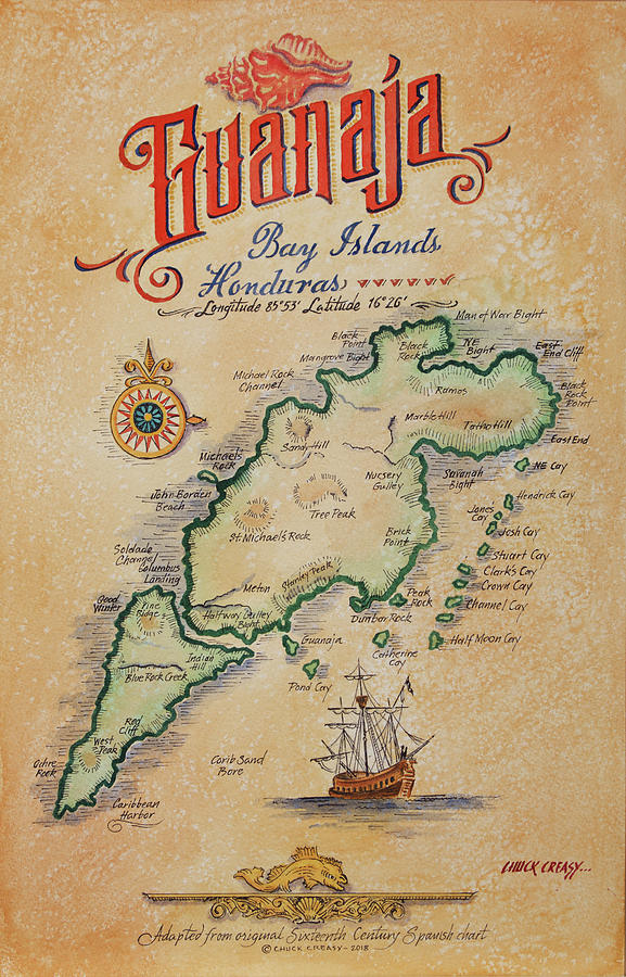 Map art, Guanaja, Bay Islands, Honduras Painting by Chuck Creasy