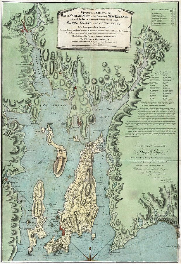 Narragansett Bay Map, 1777 Drawing by Charles Blaskowitz