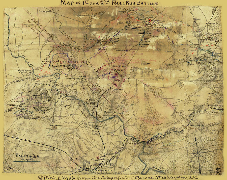 Map of 1st and 2nd Bull Run battles Painting by Robert Knox Sneden