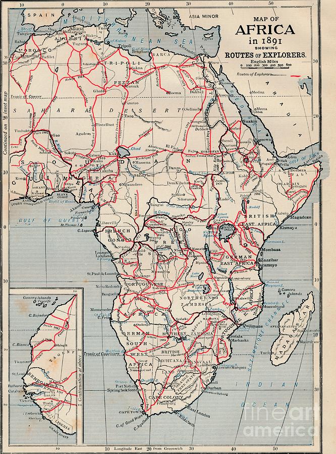 Map Of Africa In 1891 Showing Routes Drawing by Print Collector