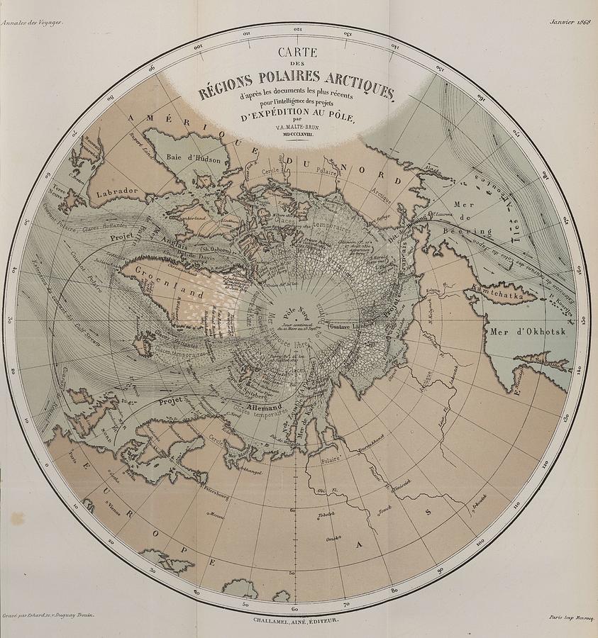 Map of Arctic Polar Regions 1866 Painting by Celestial Images