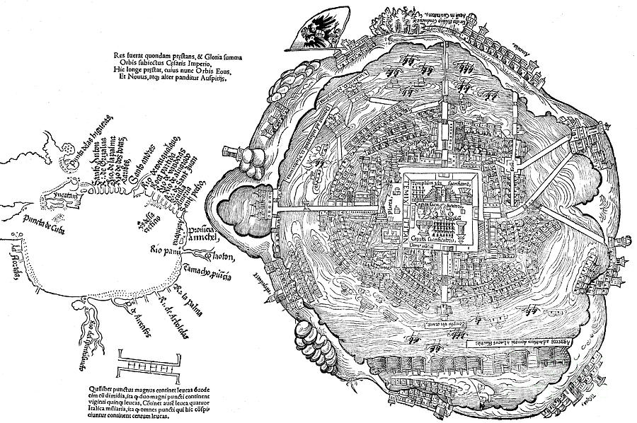 Map of Aztec capital Tenochtitlan Drawing by Spanish School
