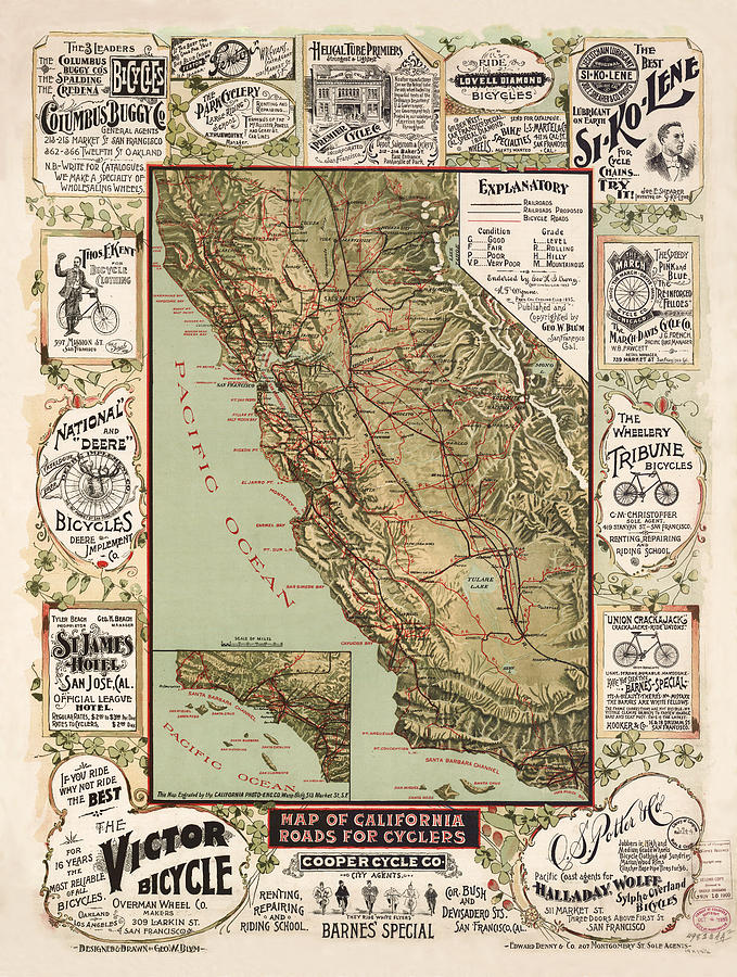 Map of California Roads for Cyclers, 1895 Photograph by Al White
