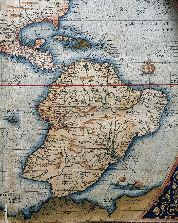Map of Central and South America. Theatrum Orbis Terrarum by Abraham Ortelius. First Edition. 1574. Drawing by Abraham Ortelius -1527-1598-