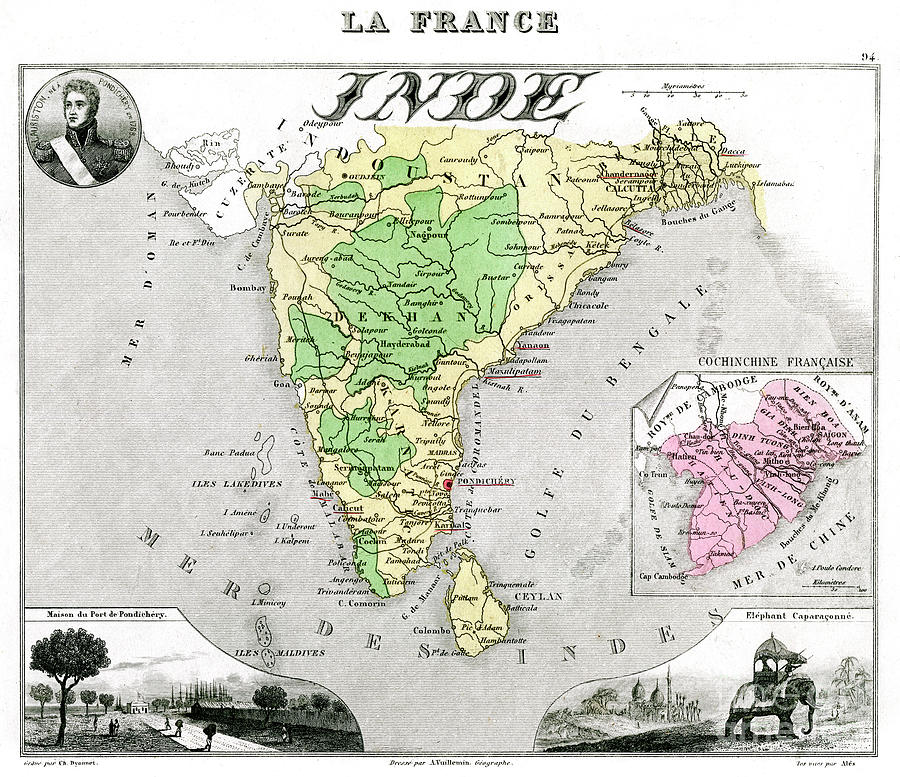 Map Of French-occupied India, Late 19th Drawing by Print Collector
