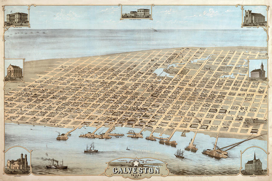 Map Of Galveston Texas 1871 Mixed Media by Vintage Lavoie