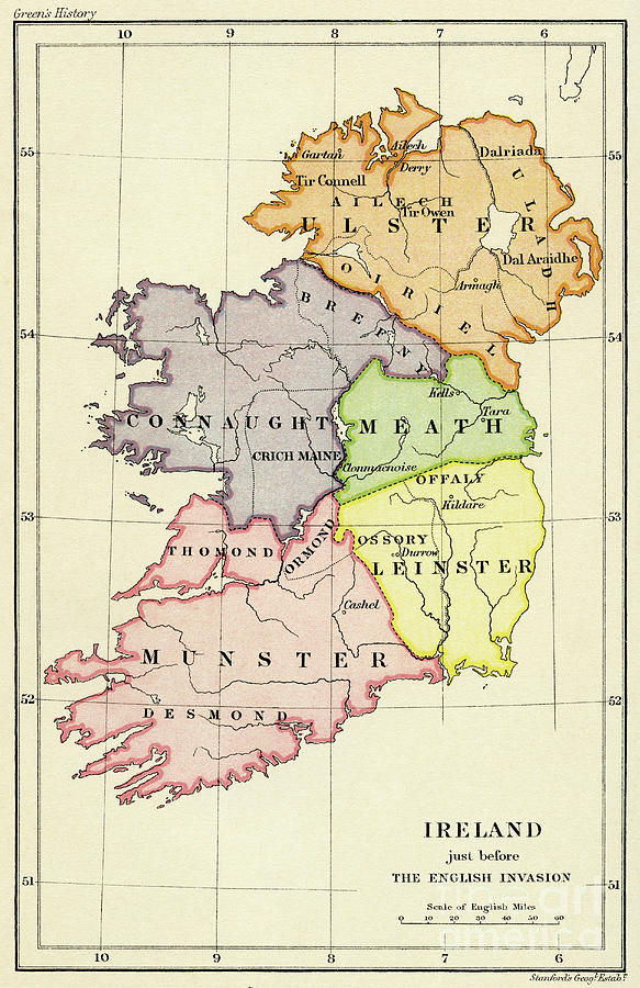 Map of Ireland just before English invasion in 1588 Drawing by Irish School