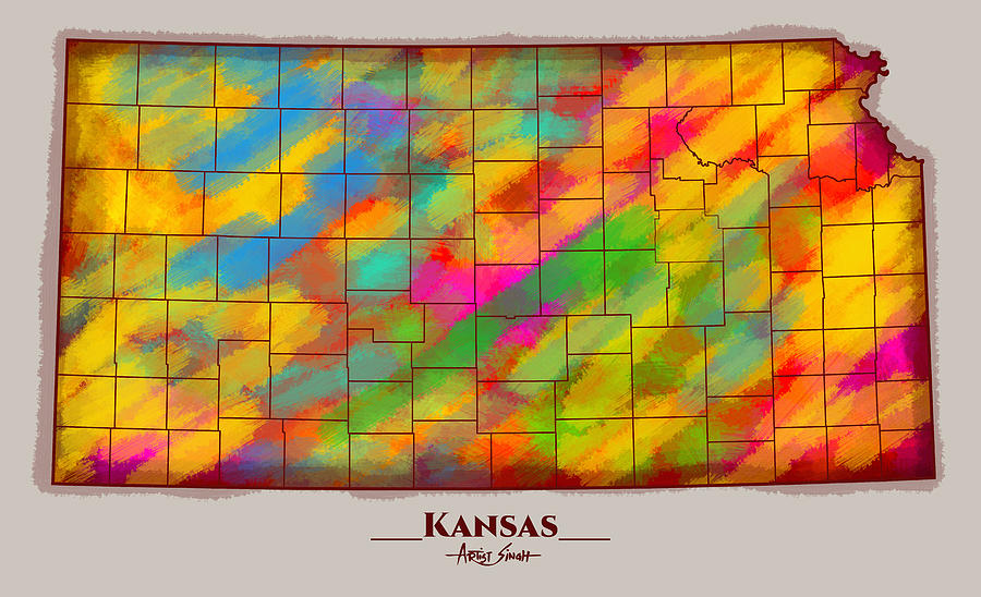 Map Of Kansas Artist Singh Mixed Media By Artguru Official Maps 2447