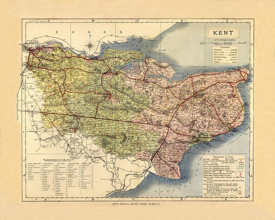 Map Of Kent 1884 Photograph by Andrew Fare