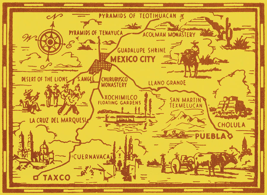 Vintage Drawing - Map of Mexico City Area by CSA Images