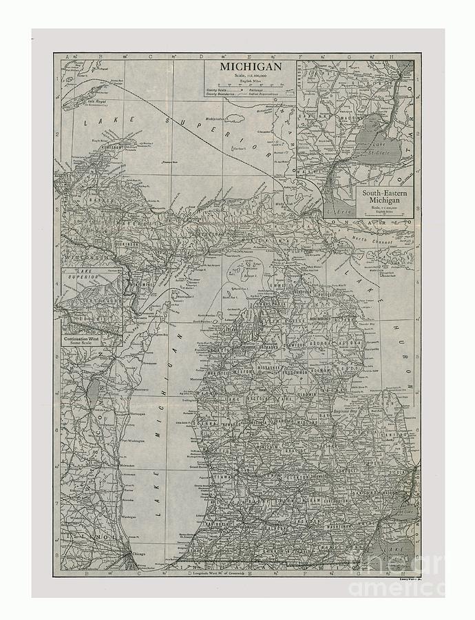 Map Of Michigan Drawing by Print Collector