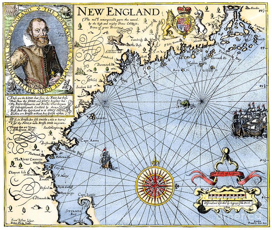 Map Of New England By John Smith Of Jamestown (1580-1631) With His ...