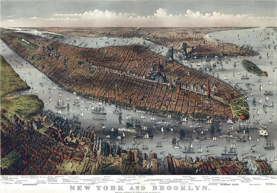 Boat Mixed Media - Map Of New York And Brooklyn 1875 by Vintage Lavoie