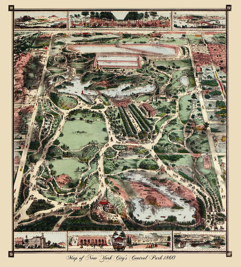 Vintage Mixed Media - Map Of New York City?s Central Park 1860 by Vintage Lavoie