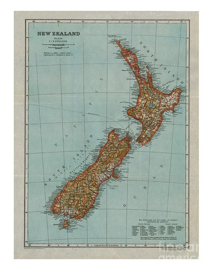 Map Of New Zealand Drawing by Print Collector