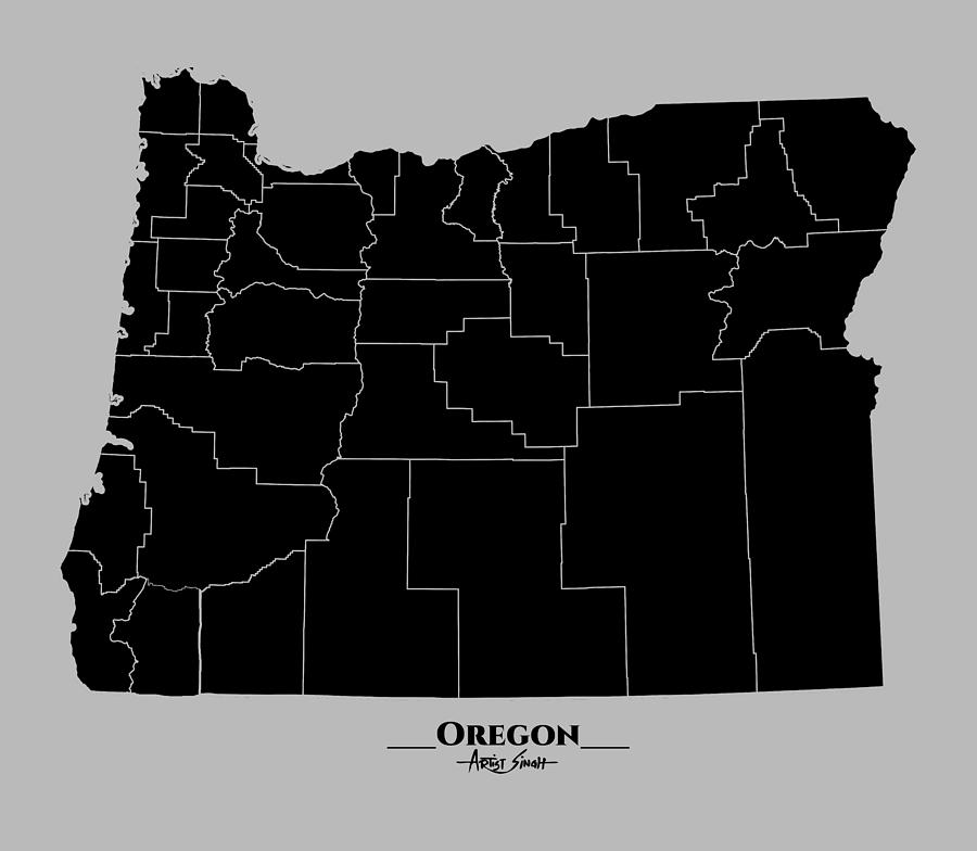 Map of Oregon, Black, Artist SinGh Mixed Media by ArtGuru Official MAPS
