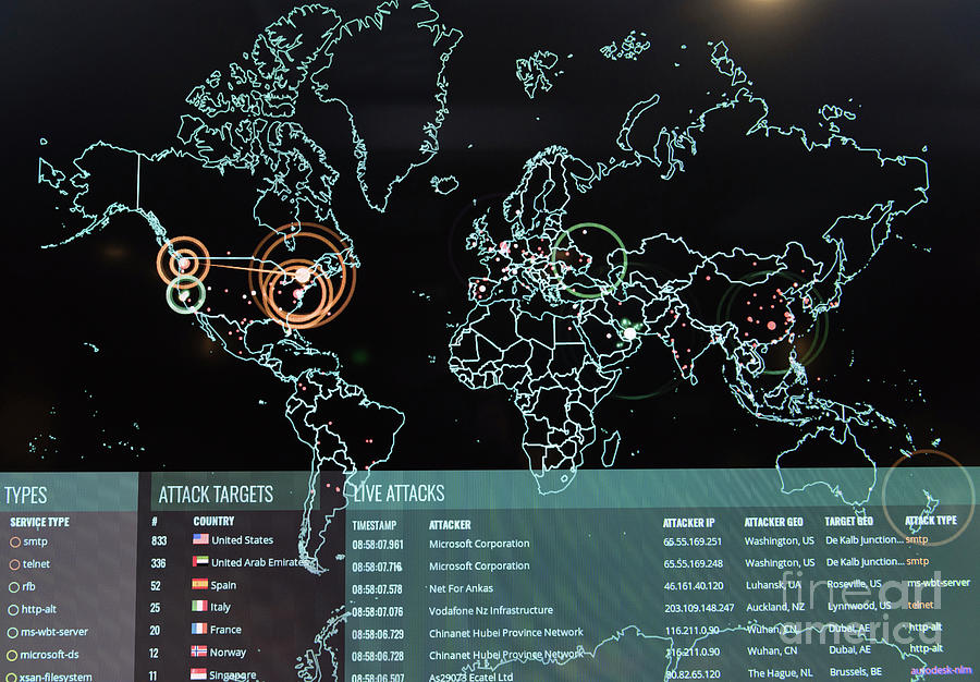 Map Of Real-time Cyber Attacks Photograph by U.s. Air Force, Us Department Of Defense/science Photo Library