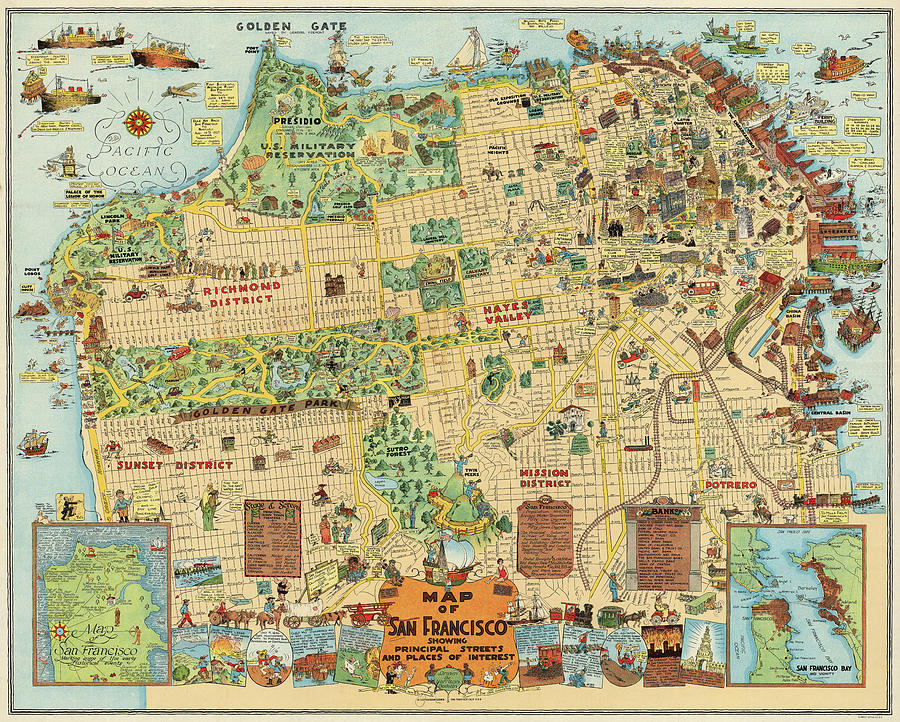 Vintage Digital Art - Pictorial Map - San Francisco Showing Principal Streets and Places of Interest by Owl Gallery