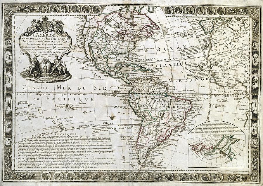 Map Of South America And North America - 1760. Drawing by Louis Charles Desnos -18th cent -
