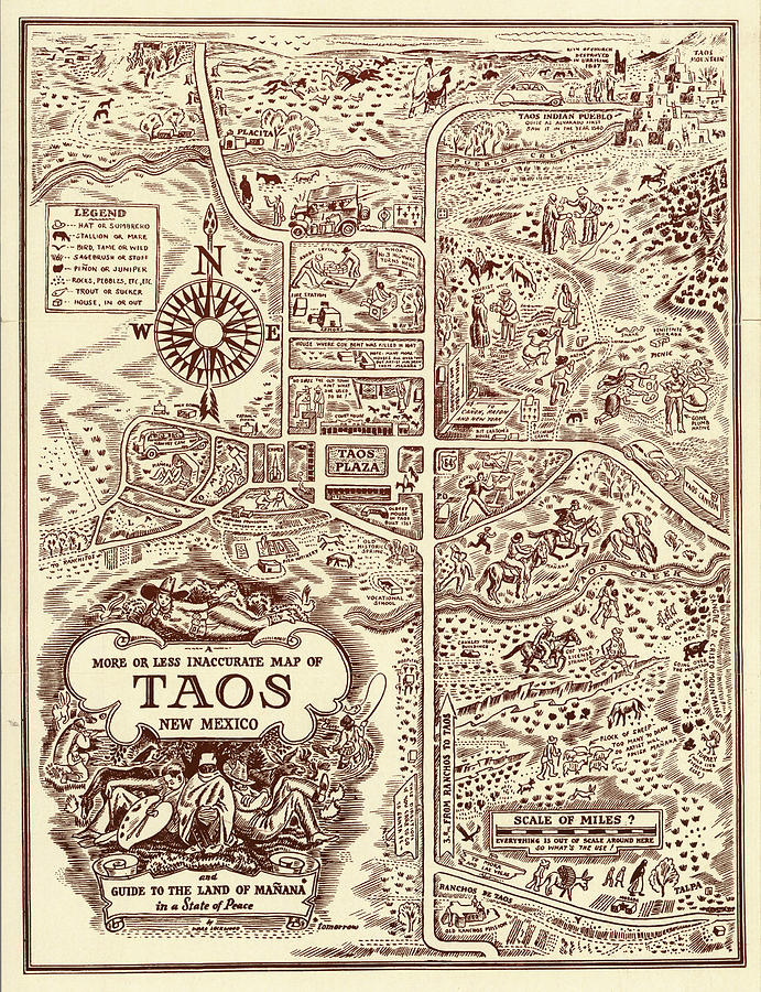 Map Of Taos New Mexico Pictorial Vintage Old Map Owl Gallery 