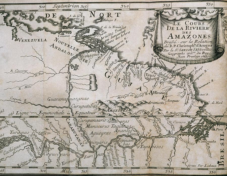Map of the Amazon area of Guiana  Relation de la Riviere des Amazones, Paris, 1680. Drawing by Album