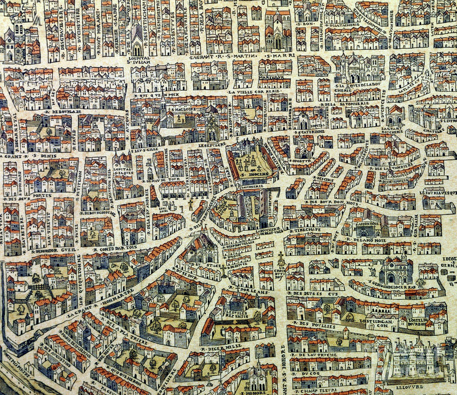 Map Of The City Of Paris In 1551, Detail Of The Right Bank, District Of Les Halles Paris Painting by French School