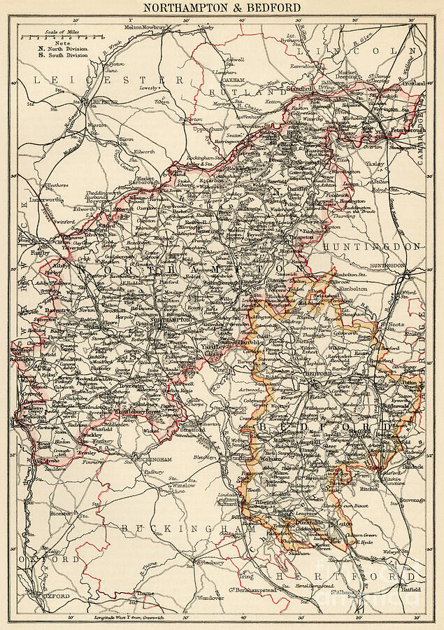 Map Of The Counts Of Northampton And Bedford (england), Circa 1870 19th ...