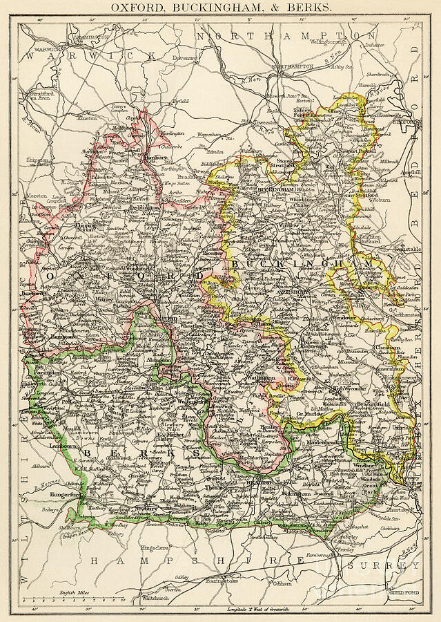 Map Of The Counts Of Oxford, Buckingham And Berks (england), Circa 1870 ...