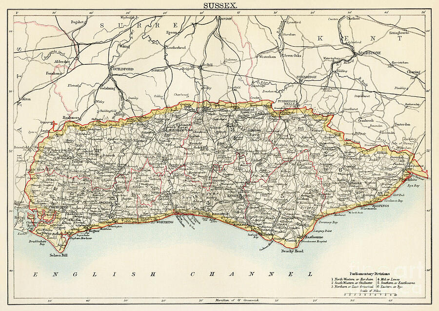 Map Of The Earl Of Sussex (england), Circa 1870 19th Century ...