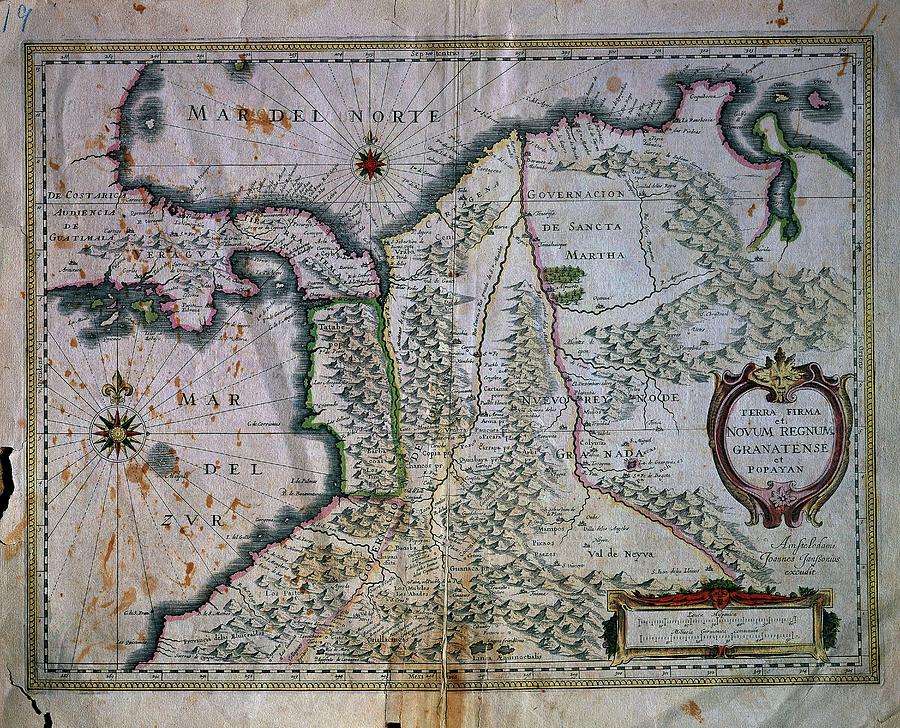 Map Of The Kingdom Of New Granada And Popayan - 1653. Drawing by Juan Jansonio -17th cent - Map Of The Kingdom Of New Granada And Popayan - 1653. Drawing by Juan Jansonio -17th cent -